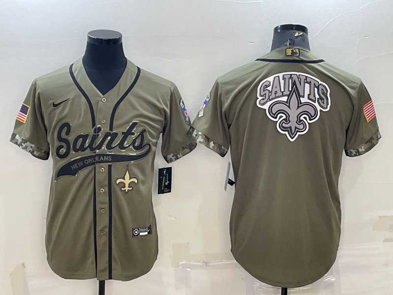 Men%27s New Orleans Saints Olive Salute to Service Team Big Logo Cool Base Stitched Baseball Jersey